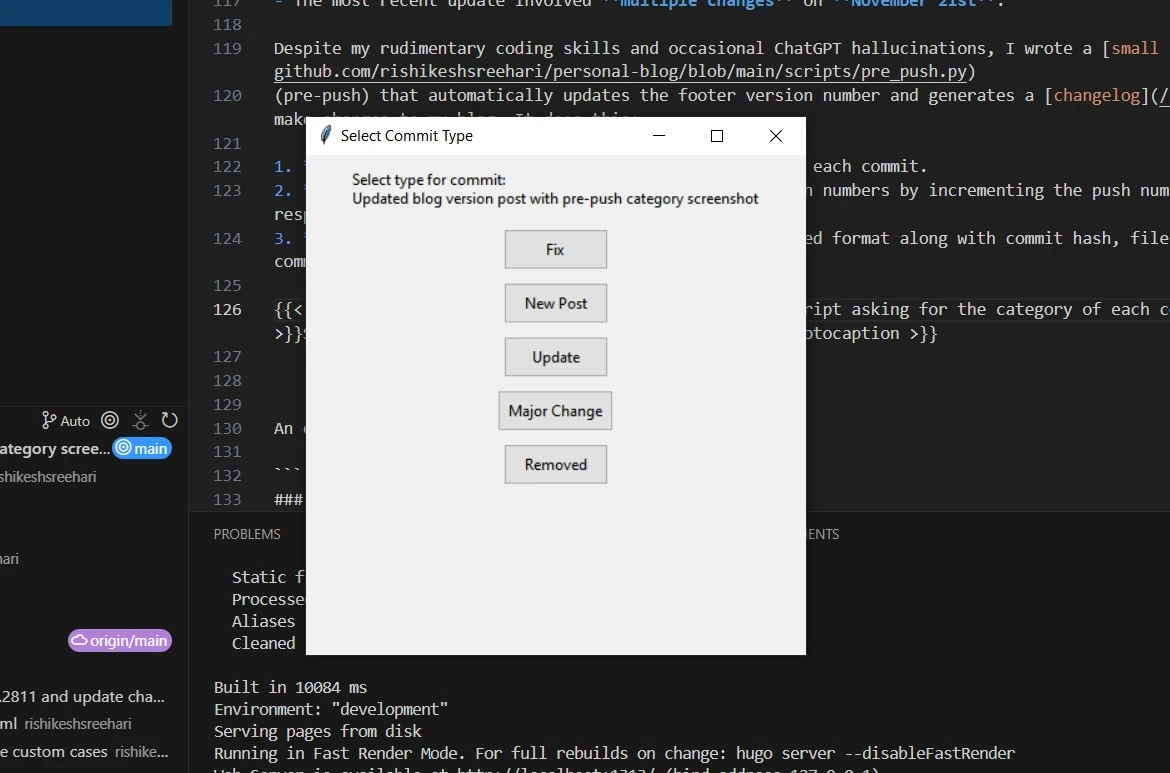 Script asking for the category of each commit